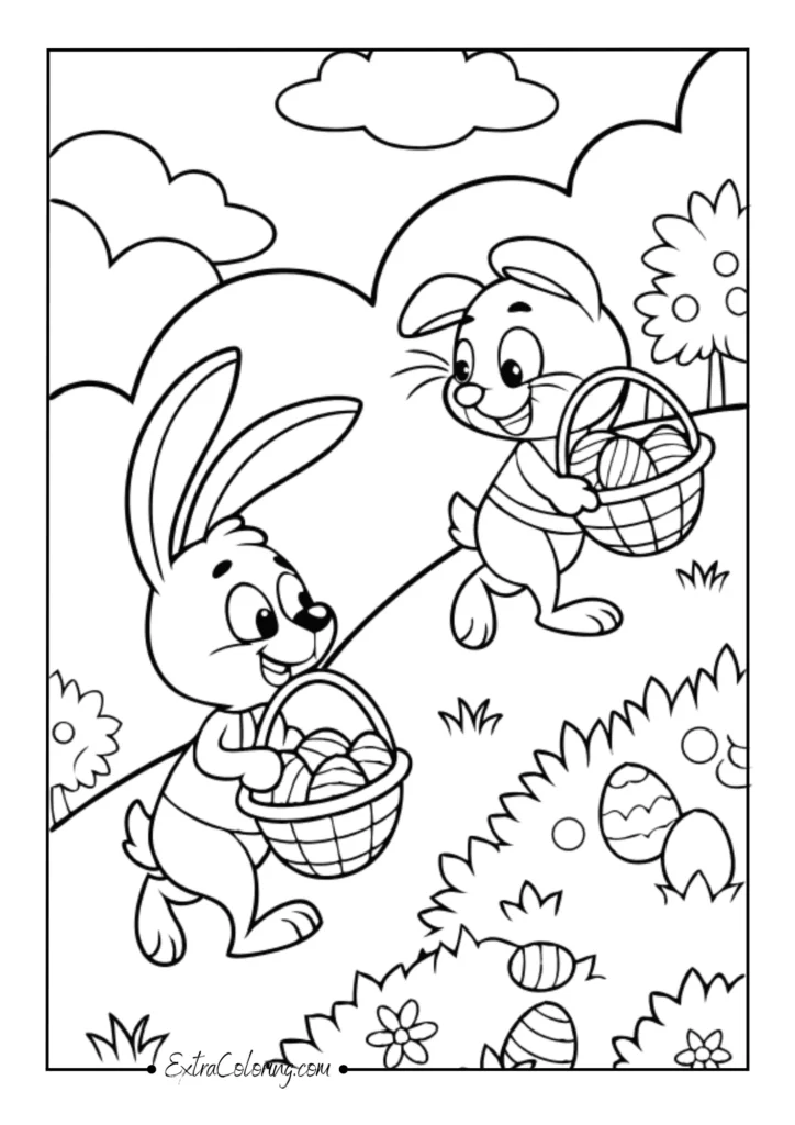 Cartoon bunnies on egg hunts