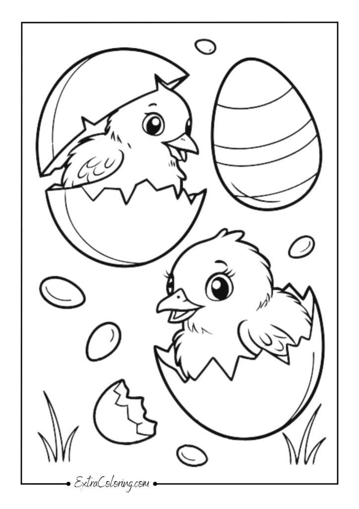 Fluffy chicks cracking out of eggshells