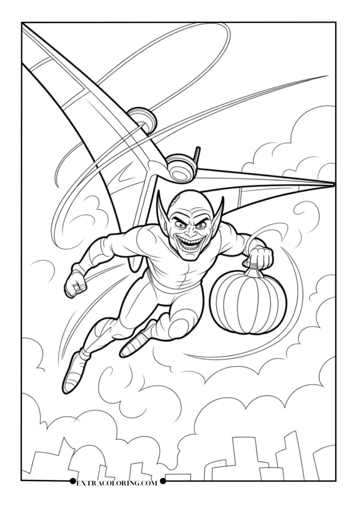 Green Goblin on His Glider Throwing a Pumpkin Bomb