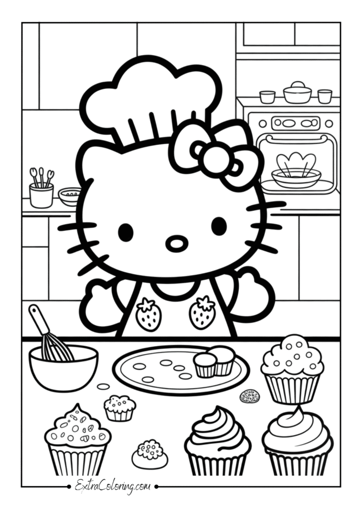 Hello Kitty baking cupcakes Coloring Page
