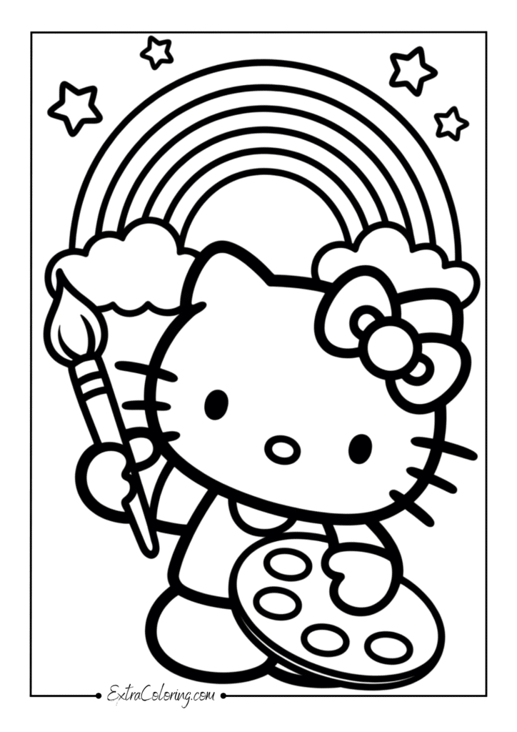 Hello Kitty holding a paintbrush and palette