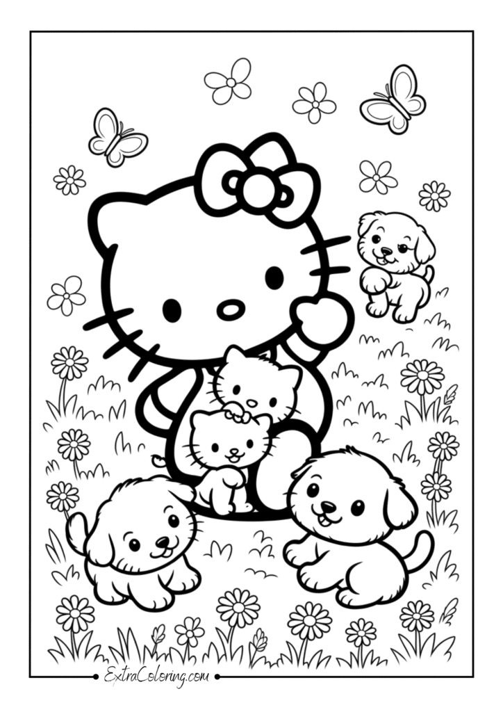 Hello Kitty playing with kittens