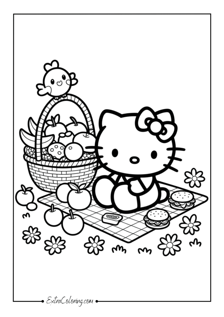 Hello Kitty sitting at a picnic blanket
