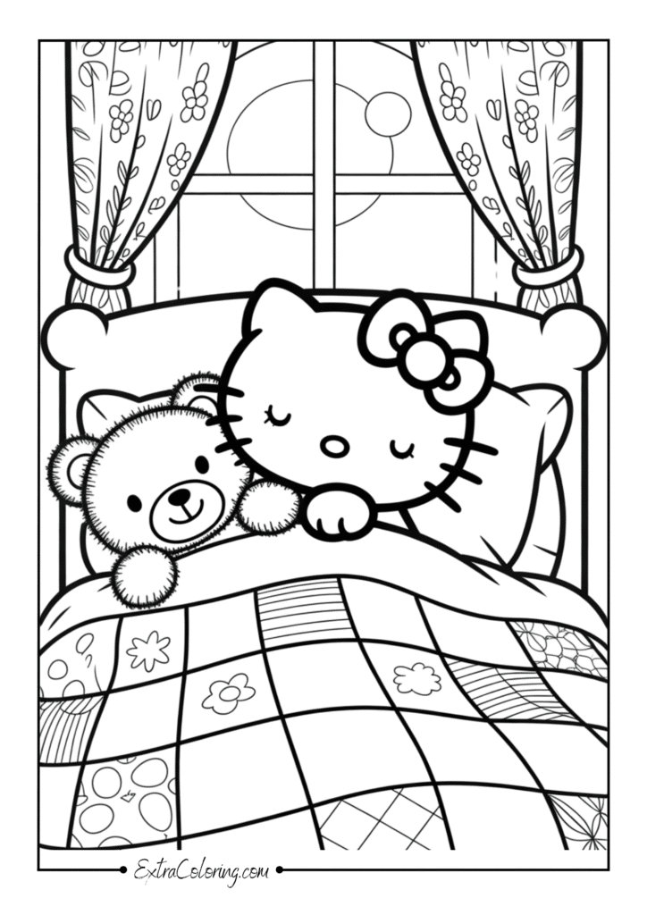 Hello Kitty snuggled in bed with a teddy bear