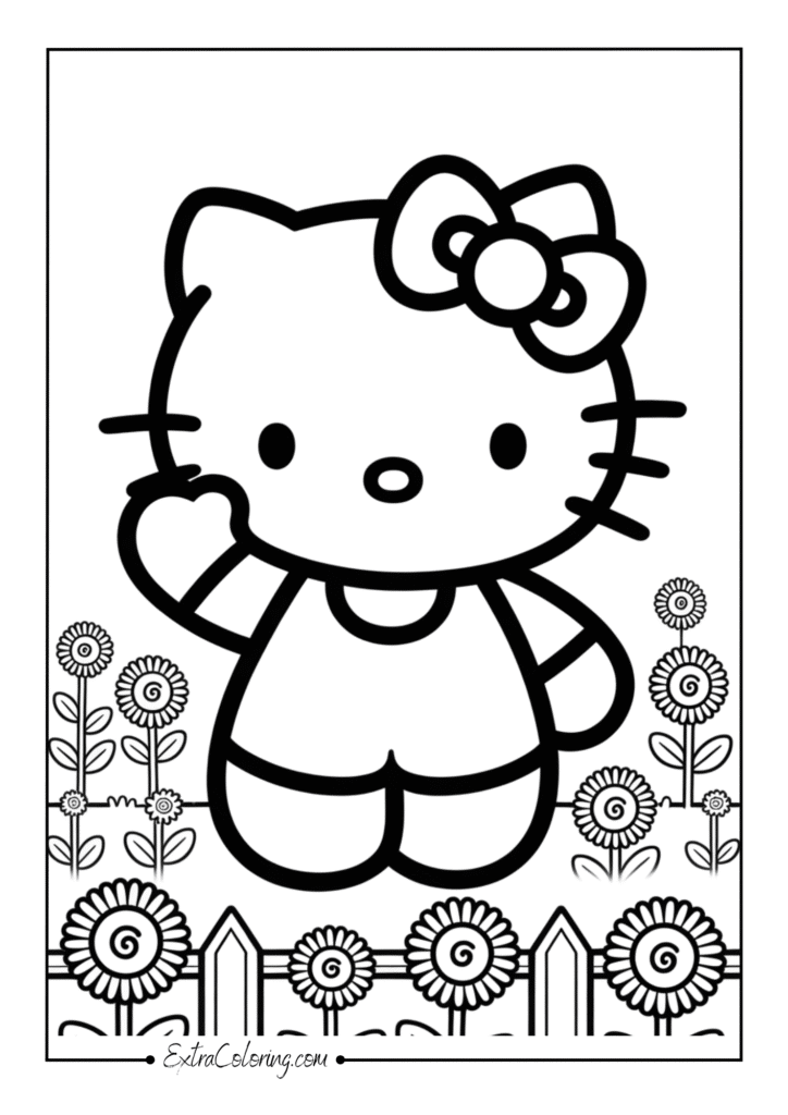 Hello Kitty standing with a big bow on her head, waving hello