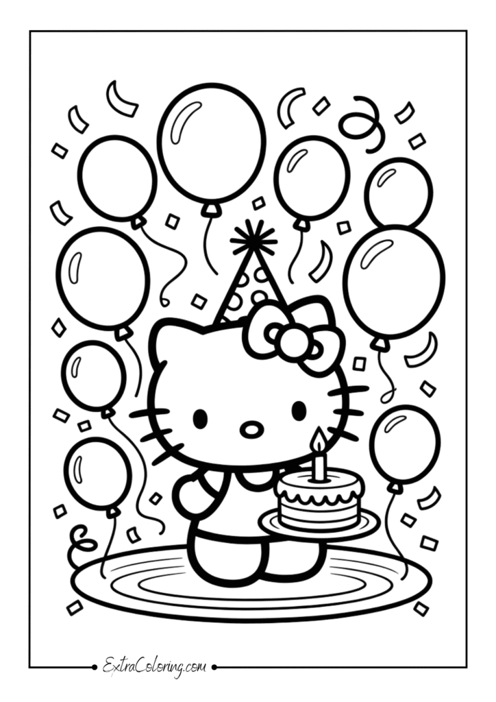Hello Kitty surrounded by balloons and confetti, celebrating