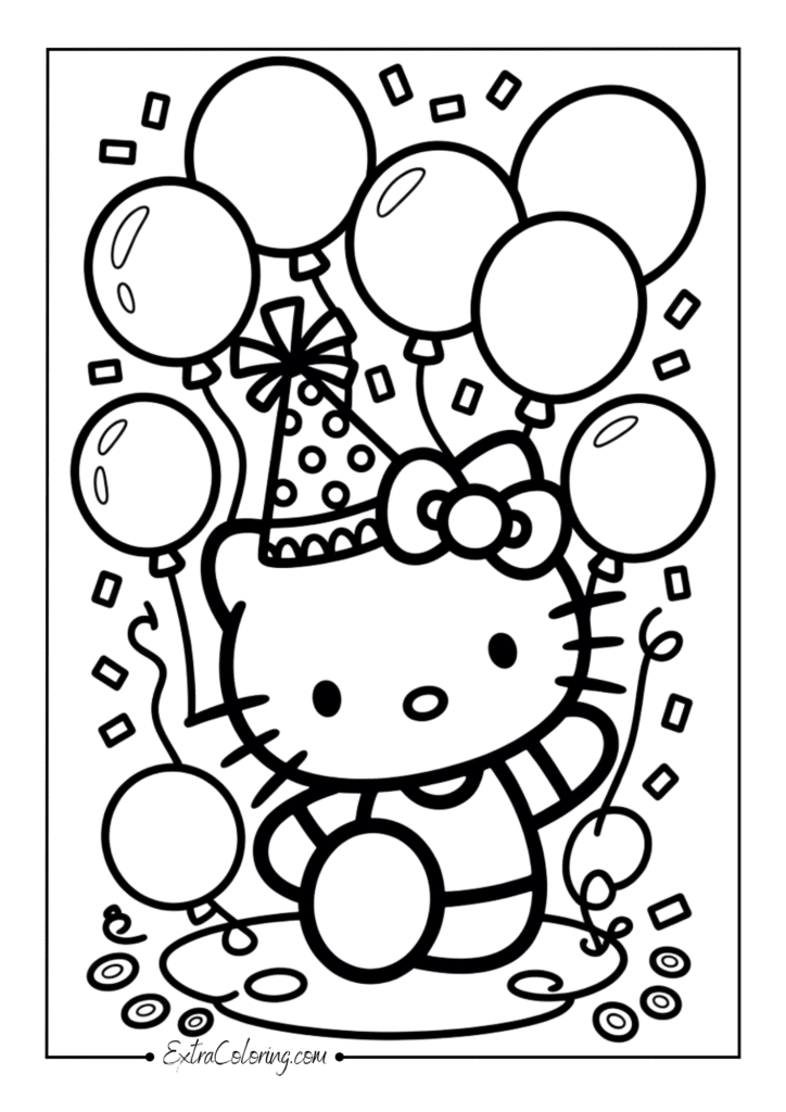 Hello Kitty wearing a party hat with balloons floating around her