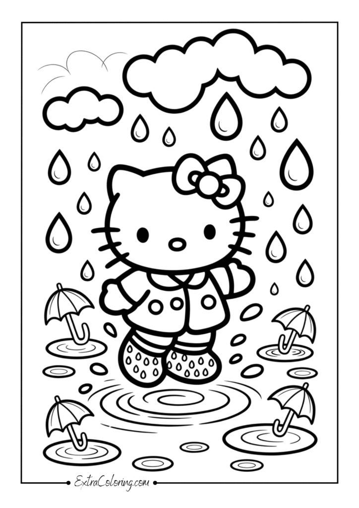 Hello Kitty wearing a raincoat and boots, splashing in puddles with raindrops