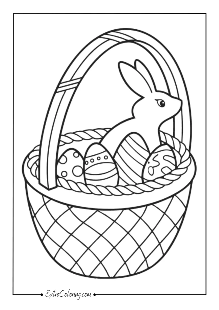Woven baskets of chocolate bunnies, eggs, and jellybeans